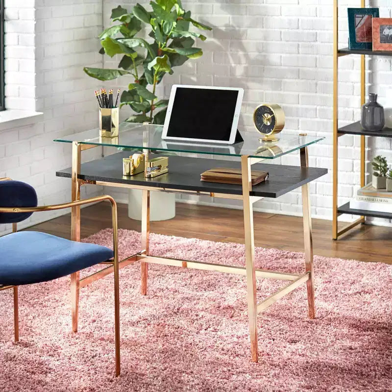 Lifestorey Scrivania Thayer in vetro stile metà secolo oro brillante: Eleganza moderna, struttura in metallo, ripiano aperto