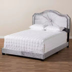 Letto imbottito in tessuto Queen Embla velluto grigio - Baxton Studio: design moderno capitonné, finitura lucida, imbottitura in schiuma, telaio in MDF