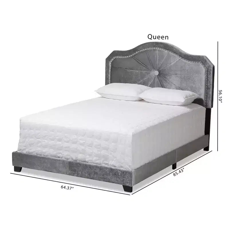 Letto imbottito in tessuto Queen Embla velluto grigio - Baxton Studio: design moderno capitonné, finitura lucida, imbottitura in schiuma, telaio in MDF