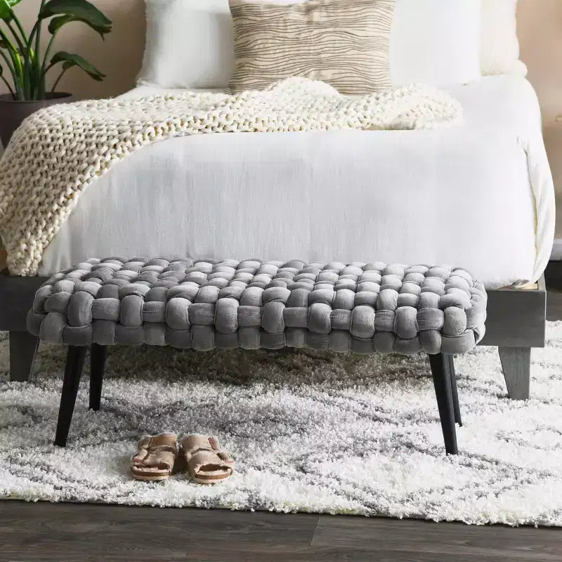 Storied Home Velvet Entryway Bench Gray: Upholstered Ottoman, Acacia Frame, 44.5" Length