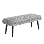 Panca da ingresso in velluto grigio Storied Home: Pouf imbottito, struttura in acacia, lunghezza 113 cm