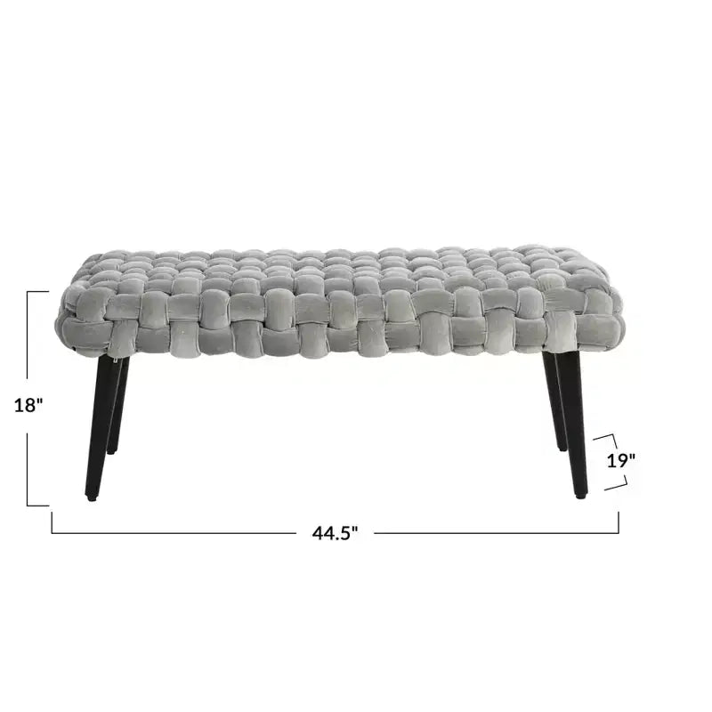 Panca da ingresso in velluto grigio Storied Home: Pouf imbottito, struttura in acacia, lunghezza 113 cm