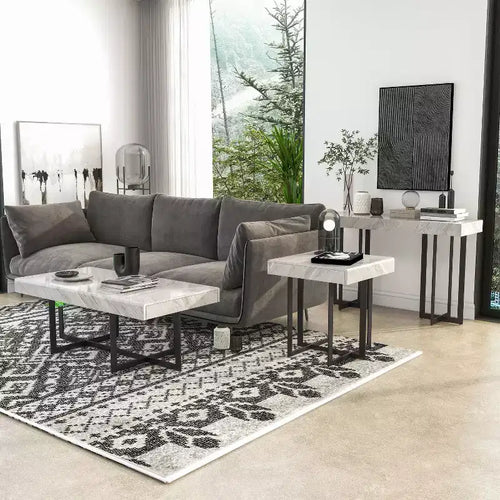 Set 3 tavolini da caffè contemporanei Rohde con cassetti, grigio/metallo color gomma - miBasics