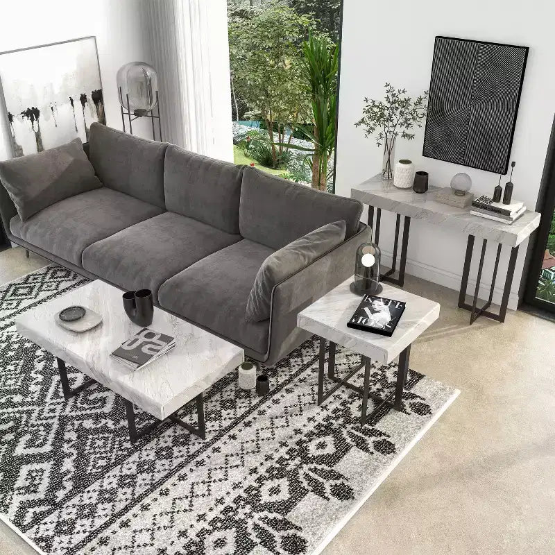 Set 3 tavolini da caffè contemporanei Rohde con cassetti, grigio/metallo color gomma - miBasics
