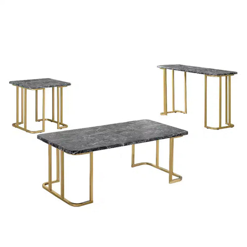 3pc Trillick Coffee Table Set with Faux Marble Top Gold/Black - miBasics: Mid-Century Modern Metal Frame, Powder-Coated Finish