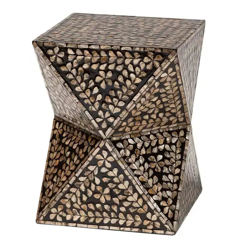 Baxton Studio Feronia Mother of Pearl End Table Black/Floral Bronze: Square MDF Frame, 18.1" Height, 13.8" Width
