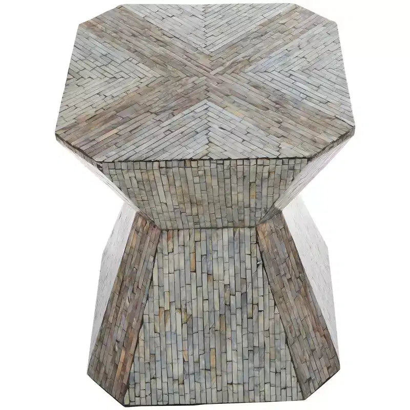 Olivia & May Tavolino d'Appoggio a Clessidra Geometrico in Madreperla con Motivo a Mosaico Lineare Grigio: Stile Bohemien, Nessun Montaggio Richiesto