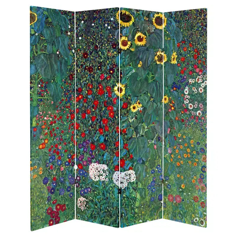 Paravent réversible Art fin Klimt Tannenwald et jardin de la ferme : 4 panneaux, toile, cadre en bois dur