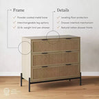 Nathan James Andrew Mobiletto contenitore a 3 cassetti con inserto in rattan naturale e gambe in metallo: Fascino bohémien, ampio spazio di archiviazione