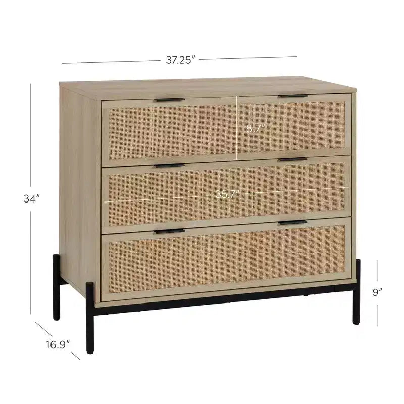 Nathan James Andrew Mobiletto contenitore a 3 cassetti con inserto in rattan naturale e gambe in metallo: Fascino bohémien, ampio spazio di archiviazione