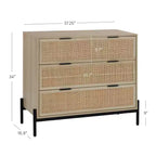 Nathan James Andrew Mobiletto contenitore a 3 cassetti con inserto in rattan naturale e gambe in metallo: Fascino bohémien, ampio spazio di archiviazione