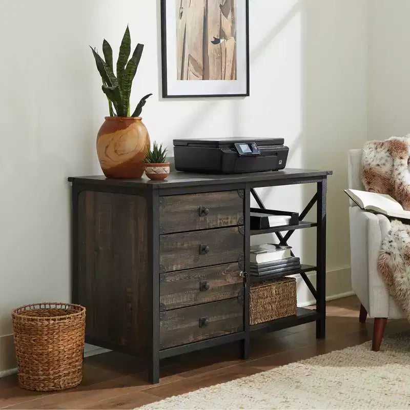 Credenza con cassetti Steel River Storage Quercia Carbonio - Sauder: Design Industriale, Formato Documenti Lettera/Legale, Struttura in Metallo