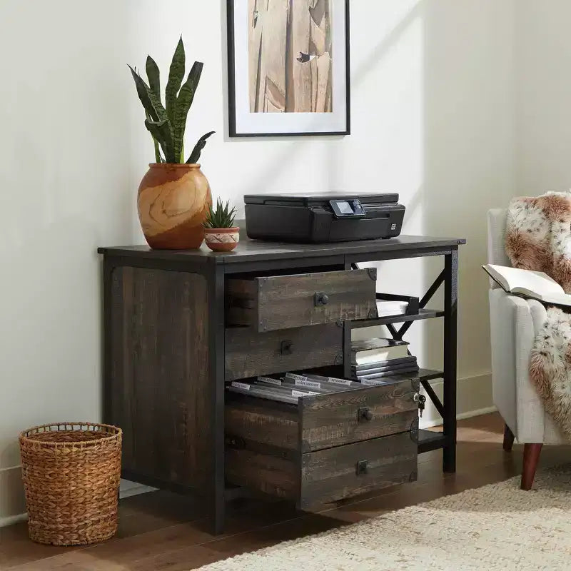 Credenza con cassetti Steel River Storage Quercia Carbonio - Sauder: Design Industriale, Formato Documenti Lettera/Legale, Struttura in Metallo