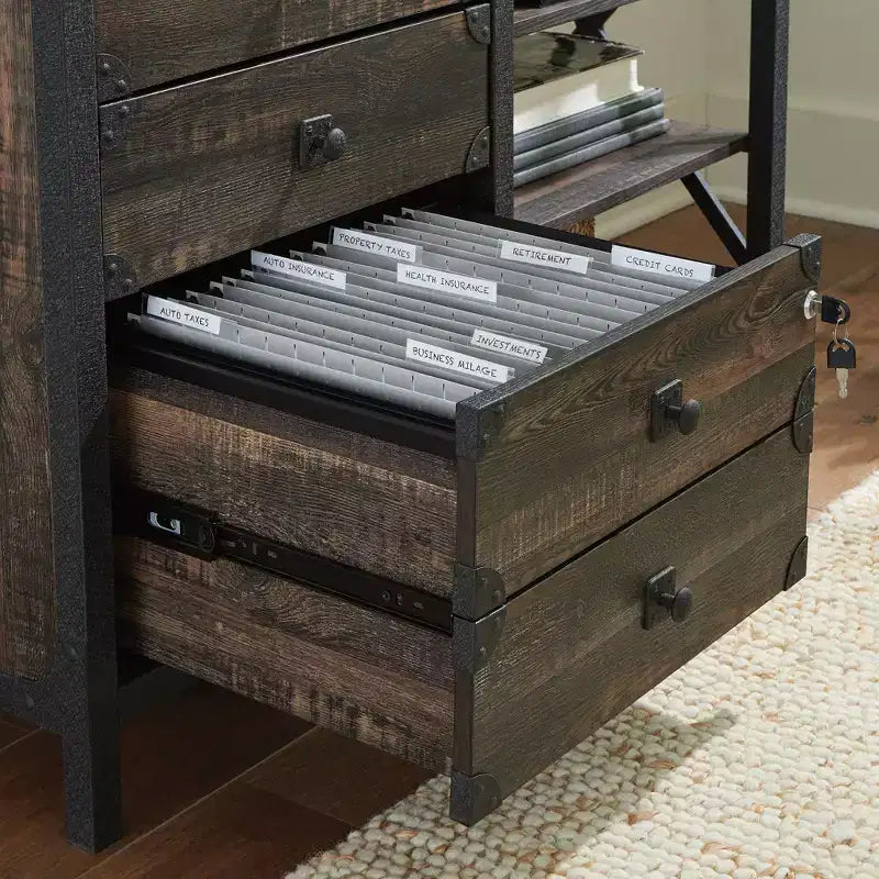 Credenza con cassetti Steel River Storage Quercia Carbonio - Sauder: Design Industriale, Formato Documenti Lettera/Legale, Struttura in Metallo