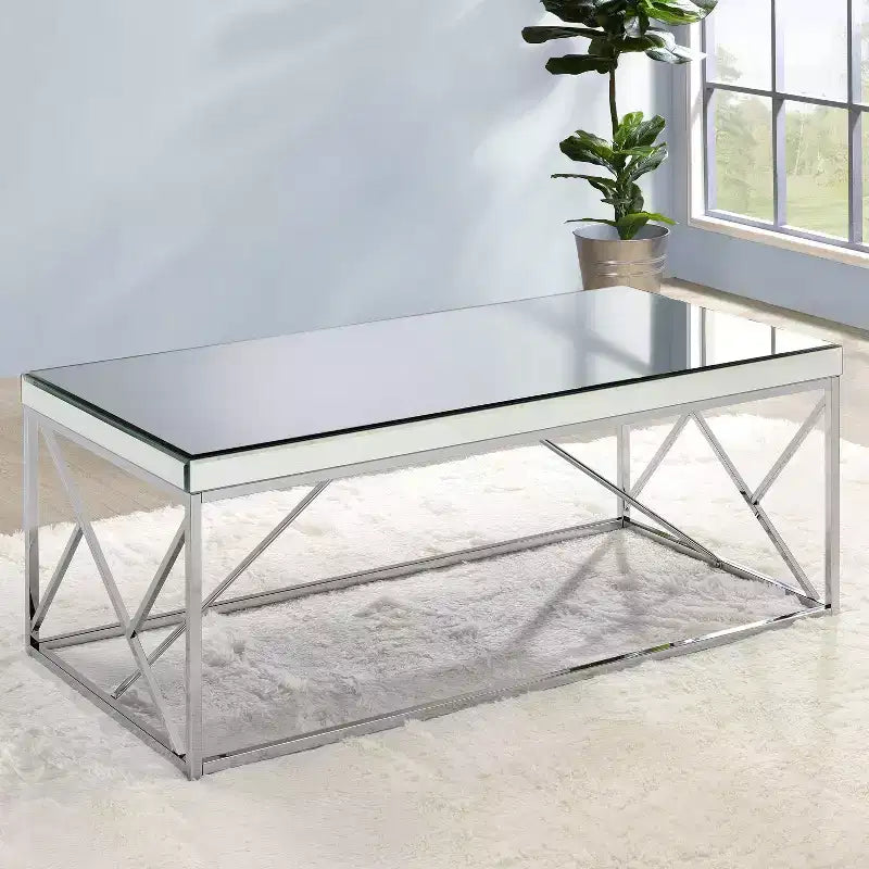 Tavolino da caffè Evelyn Mirror Top Chrome - Steve Silver Co.: Base geometrica in ferro, forma rettangolare