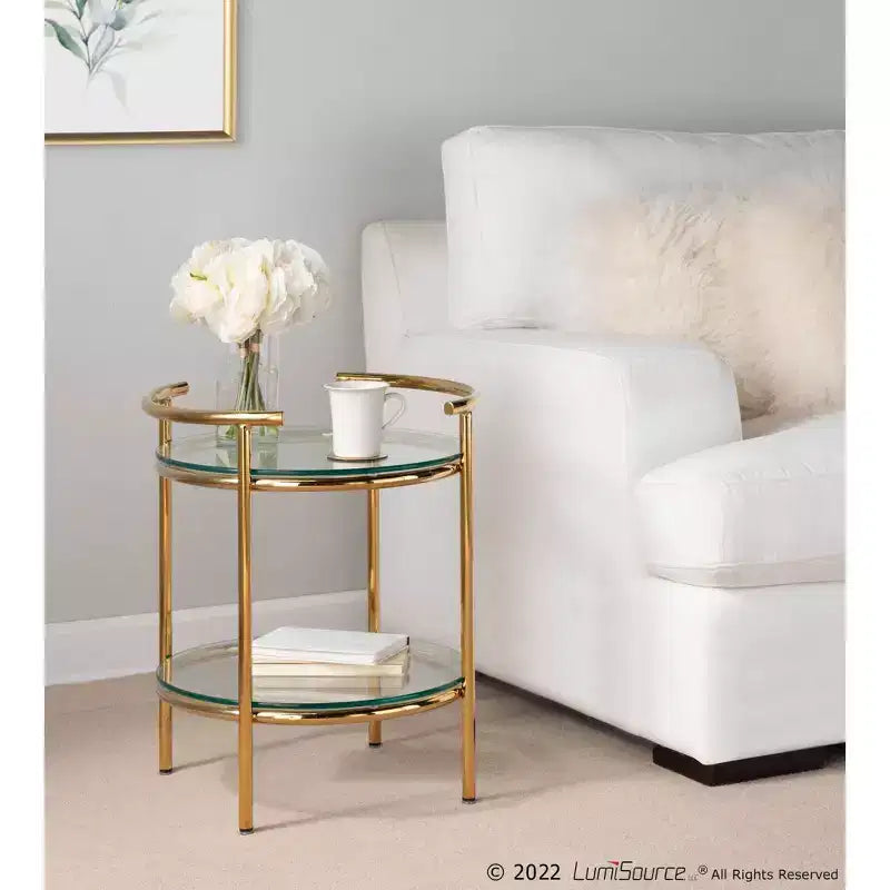 Tavolino Rhonda Oro/Vetro Trasparente - LumiSource: Art Déco, Design a Più Livelli, Forma Ovale, 55,88 cm di Altezza