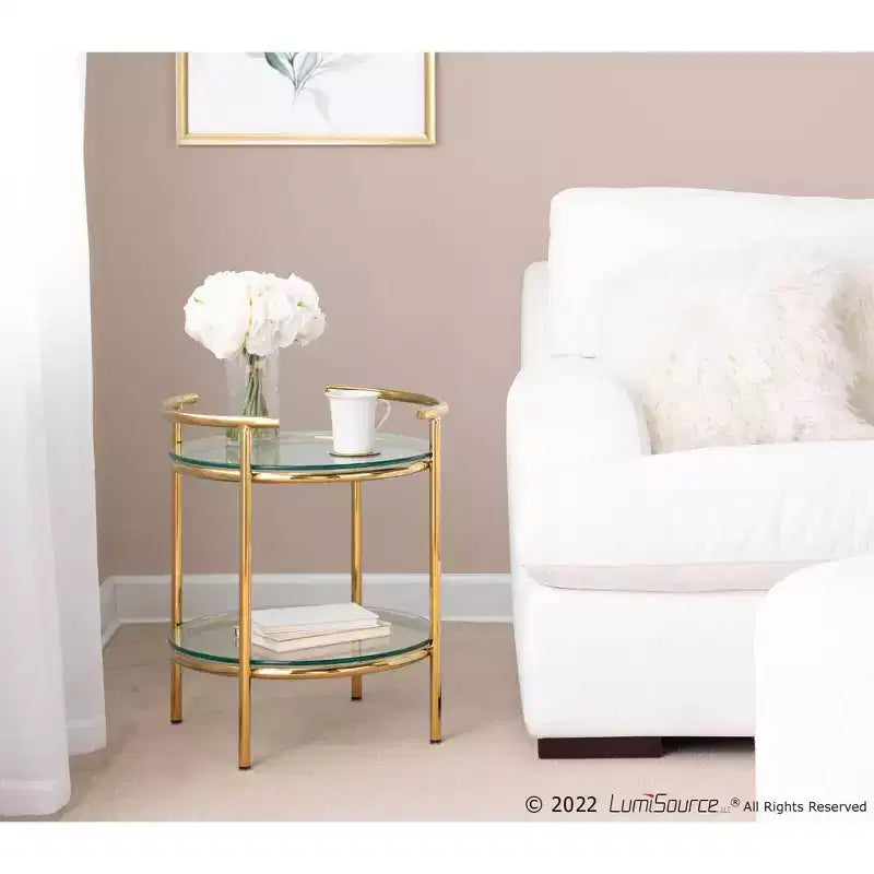 Tavolino Rhonda Oro/Vetro Trasparente - LumiSource: Art Déco, Design a Più Livelli, Forma Ovale, 55,88 cm di Altezza