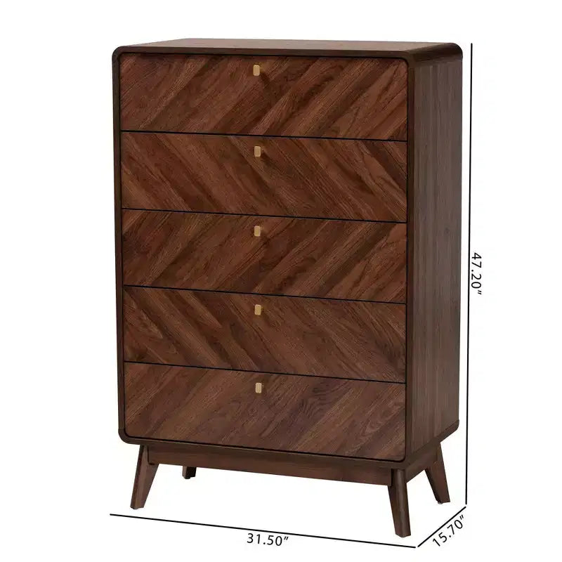 Baxton Studio Markell Cassettiera a 5 cassetti in Legno Noce/Oro: Design Moderno di Metà Secolo, Organizzatore per Camera da Letto