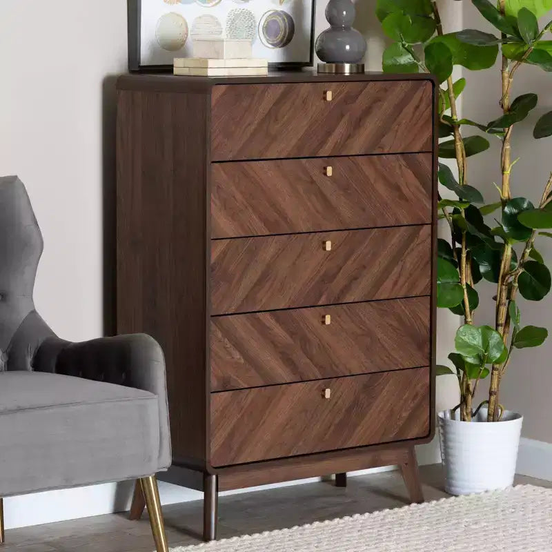 Baxton Studio Markell Cassettiera a 5 cassetti in Legno Noce/Oro: Design Moderno di Metà Secolo, Organizzatore per Camera da Letto