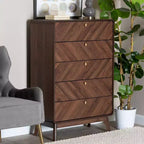 Baxton Studio Markell Cassettiera a 5 cassetti in Legno Noce/Oro: Design Moderno di Metà Secolo, Organizzatore per Camera da Letto