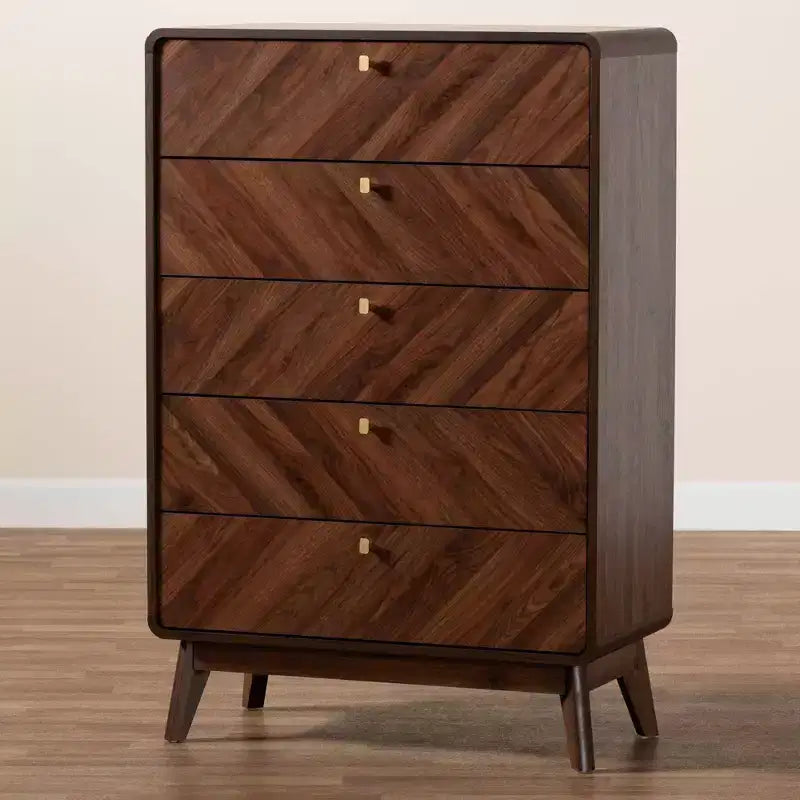 Baxton Studio Markell Cassettiera a 5 cassetti in Legno Noce/Oro: Design Moderno di Metà Secolo, Organizzatore per Camera da Letto