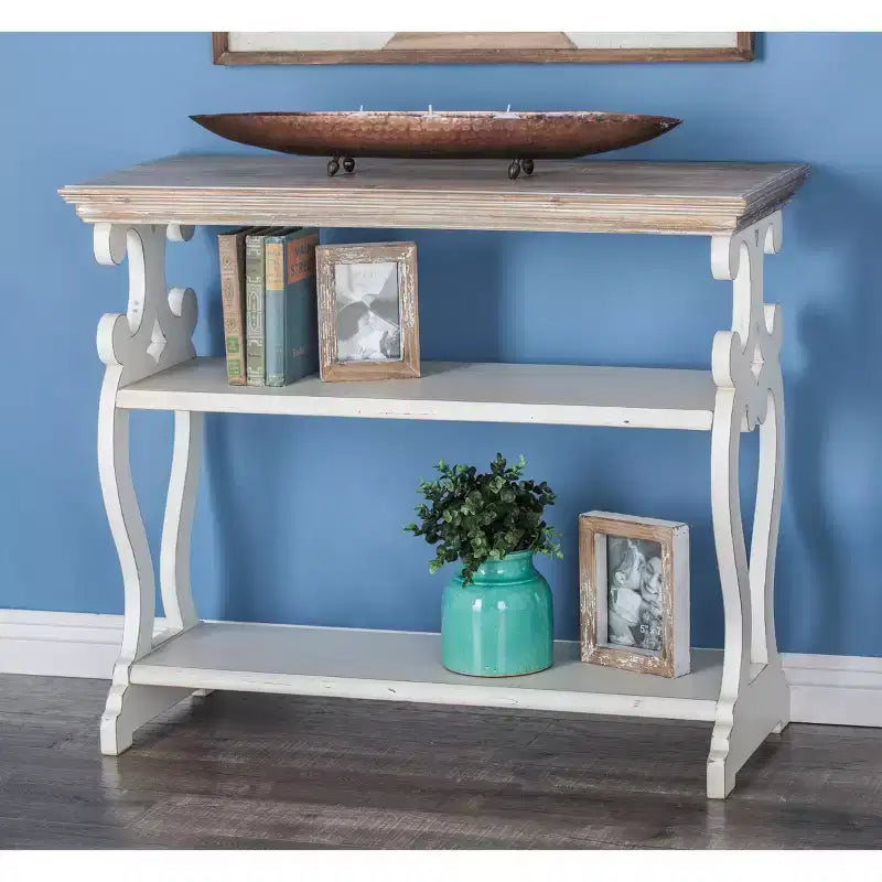 Consolle in legno stile rustico bianco sporco - Olivia & May: 2 ripiani, profilo alto