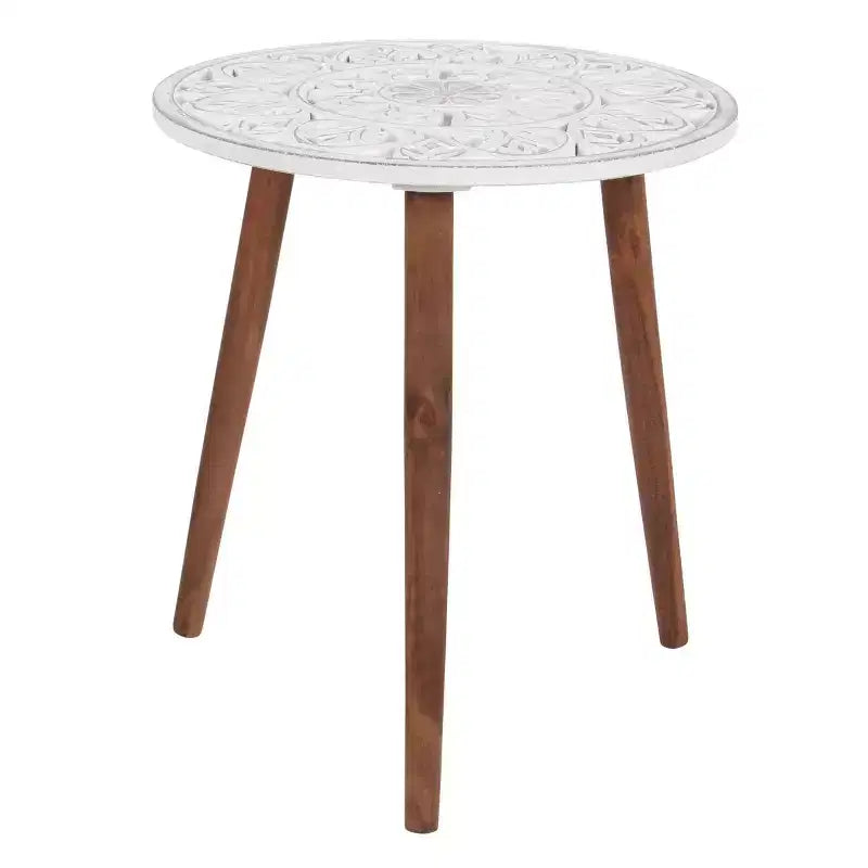 Olivia & May Carved Wooden Accent Table White: Round, Splayed Legs, Contemporary Design