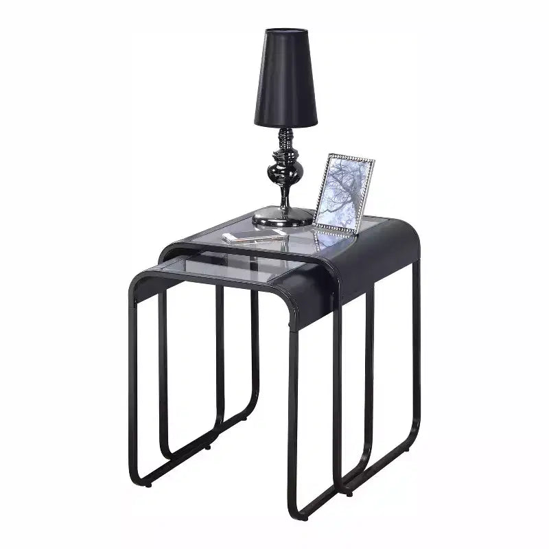24/7 Shop At Home 2pc Abramma Metal Nesting Table Set Black: Modern Tempered Glass, Bronze Plated Finish, Rectangle Shape