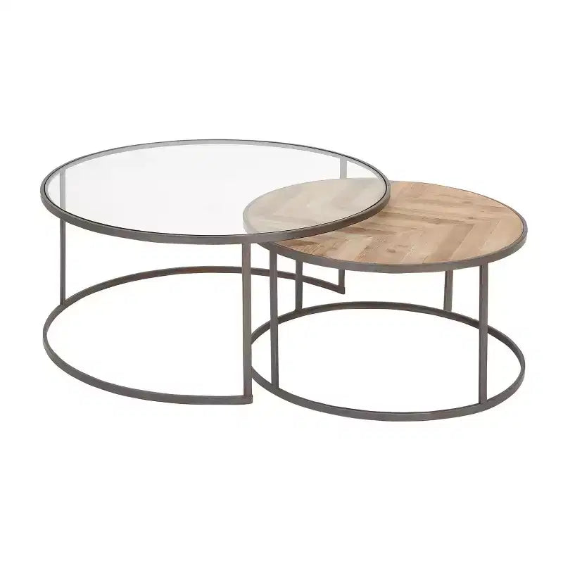 Set di 2 Tavolini da Caffè Rotondi Nido Contemporanei Grigi - Olivia & May: Vetro Lucido, Impilabili, Struttura in MDF