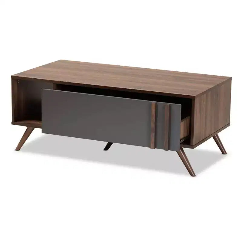 Tavolino da caffè Naoki a due toni in legno con 1 cassetto grigio/noce - Baxton Studio: Tavolino rettangolare moderno in truciolato con ripiano