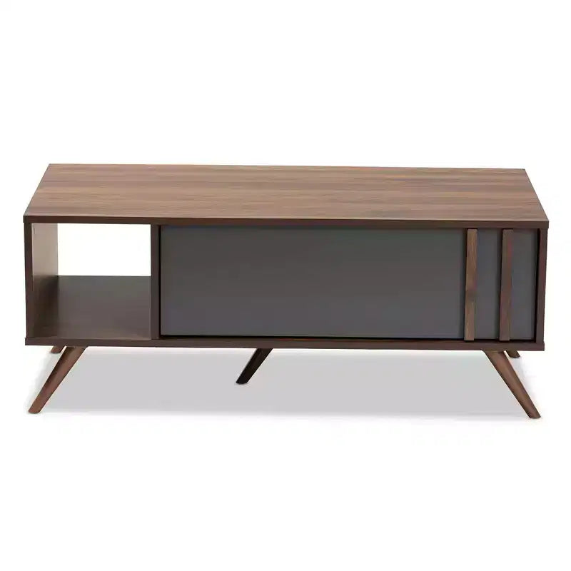Tavolino da caffè Naoki a due toni in legno con 1 cassetto grigio/noce - Baxton Studio: Tavolino rettangolare moderno in truciolato con ripiano