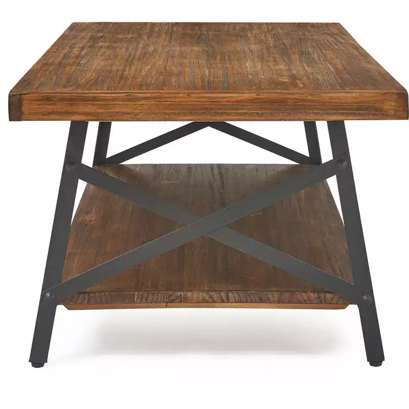 Tavolino da caffè Ezra in legno massello e metallo: Robusta struttura nera, design a 2 ripiani - ClickDecor