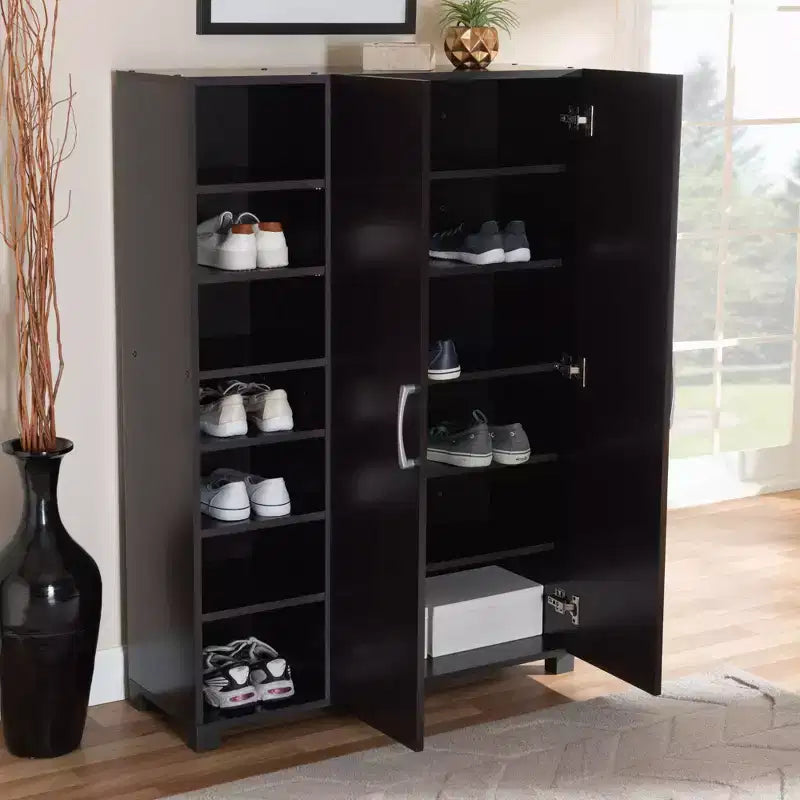 Mobile per Scarpe da Ingresso Marine con Finitura in Legno a 2 Ante e Ripiani aperti Marrone - Baxton Studio: Organizer per Armadio, Finitura Wengé