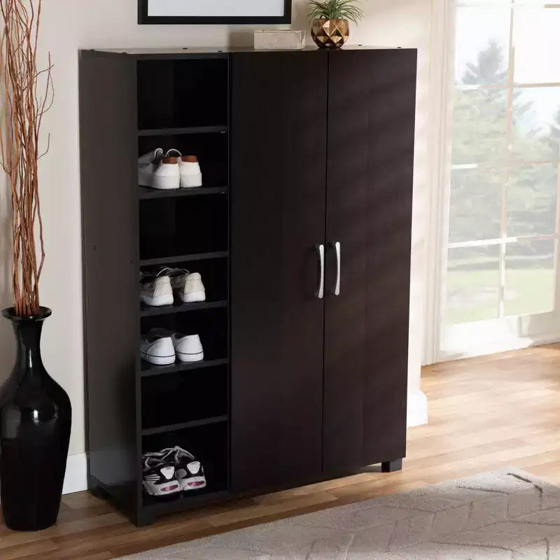 Mobile per Scarpe da Ingresso Marine con Finitura in Legno a 2 Ante e Ripiani aperti Marrone - Baxton Studio: Organizer per Armadio, Finitura Wengé
