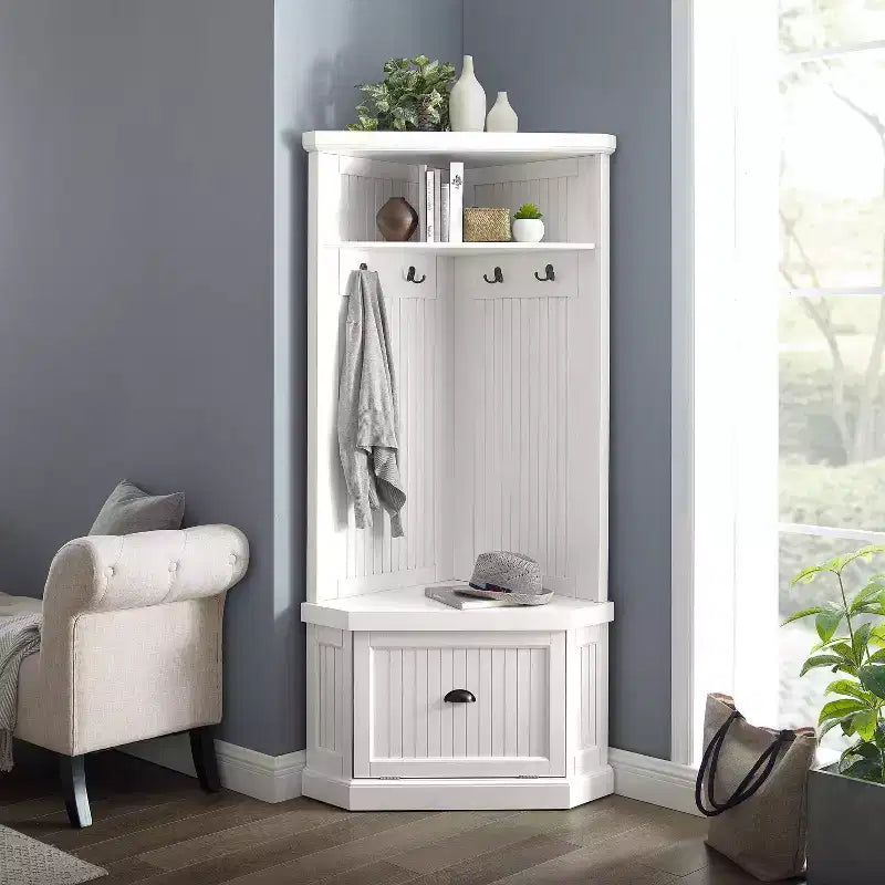 Albero da ingresso Seaside Corner bianco invecchiato - Crosley: Organizzatore da ingresso con porta scarpe, 4 ganci