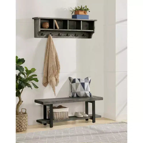 48" Pomona Metal and Wood Wall Coat Hook with Bench Slate Gray - Alaterre Furniture: Entryway Hall Tree Storage