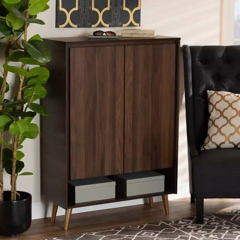 Landen Mid-Century Modern Scarpiera a 2 ante in Noce/Marrone/Oro - Baxton Studio: Organizer per Ingresso in MDF, Contiene 4 Paia