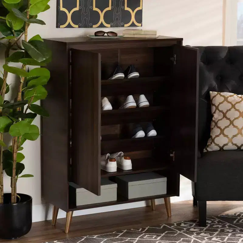 Landen Mid-Century Modern Scarpiera a 2 ante in Noce/Marrone/Oro - Baxton Studio: Organizer per Ingresso in MDF, Contiene 4 Paia