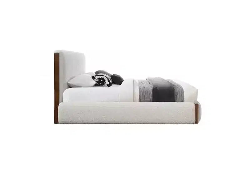 88.98" Eastern King Bed Sandro Bed White Boucle & Walnut Finish - Acme Furniture: Upholstered Wood Frame, Linen, Platform