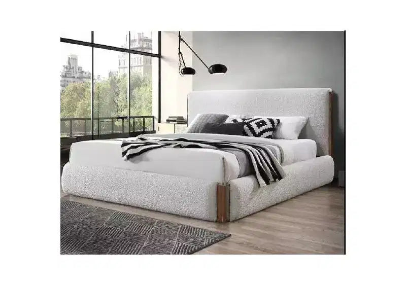 88,98" Letto King size Sandro Bianco Bouclé e Noce - Acme Furniture: Telaio in Legno Imbottito, Lino, Piattaforma