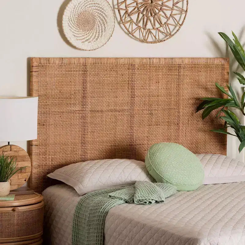 Testiera per letto Queen Size Bali & Pari Lesia in Rattan e Legno di Mogano, Miele Chiaro/Teak Rosso