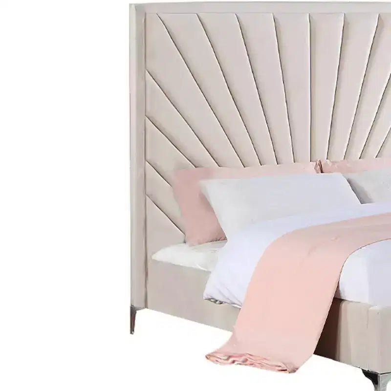 Letto Matrimoniale a 221 cm Letto Faiz in Velluto Beige - Acme Furniture: Capitonnè a Raggi, Piedini in Metallo, Nessuna Rete a Molle Necessaria