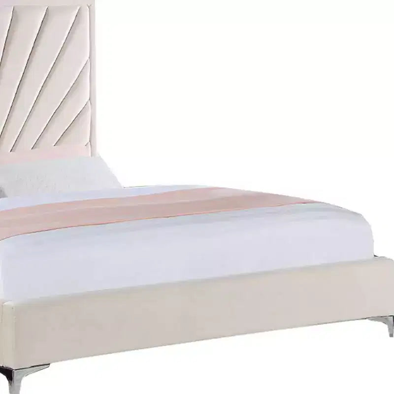 Letto Matrimoniale a 221 cm Letto Faiz in Velluto Beige - Acme Furniture: Capitonnè a Raggi, Piedini in Metallo, Nessuna Rete a Molle Necessaria
