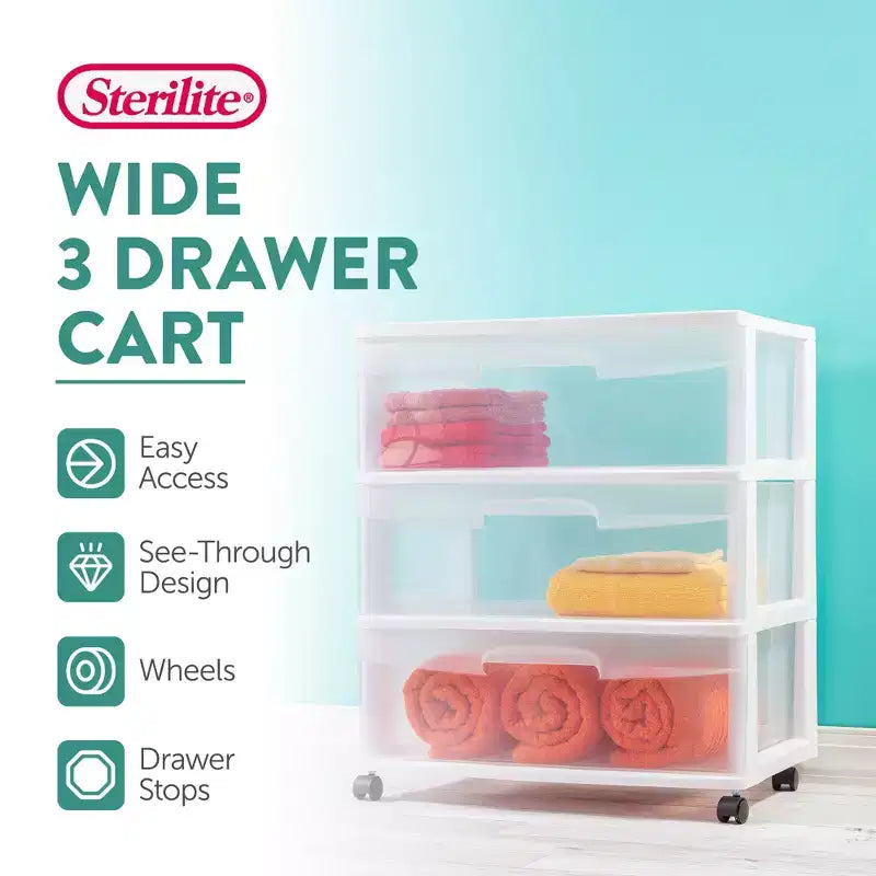 Contenitore portatile Sterilite Home 3 cassetti largo con rotelle