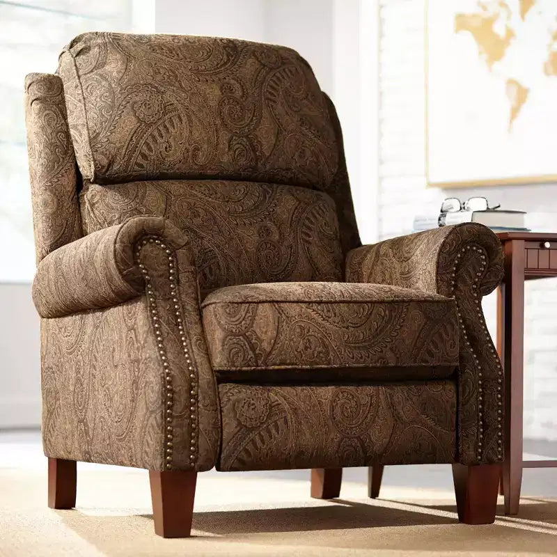 Kensington Hill Beaumont Poltrona reclinabile in tessuto fantasia Paisley marrone caldo Comodo poggiapiedi reclinabile manuale a spinta per camera da letto, soggiorno, sala lettura