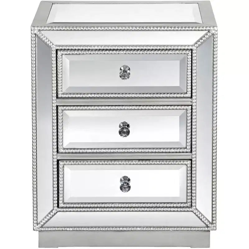 Coast to Coast Accents Trevi Tavolino Moderno Rettangolare a Specchio 20 x 15 con 3 Cassetti e Bordo con Perline Argentate per Soggiorno Camera da Letto Comodino Casa