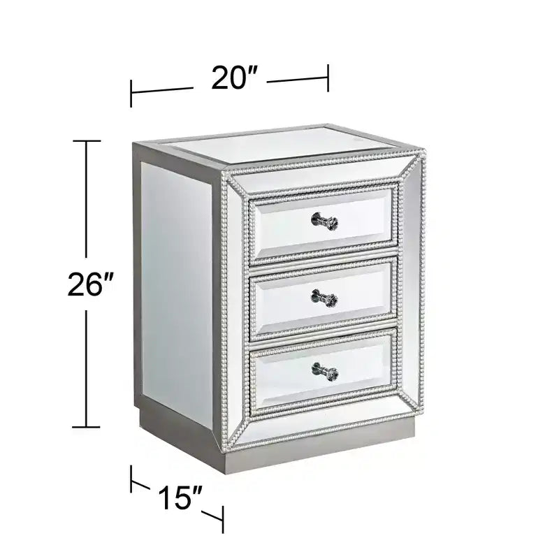Coast to Coast Accents Trevi Tavolino Moderno Rettangolare a Specchio 20 x 15 con 3 Cassetti e Bordo con Perline Argentate per Soggiorno Camera da Letto Comodino Casa