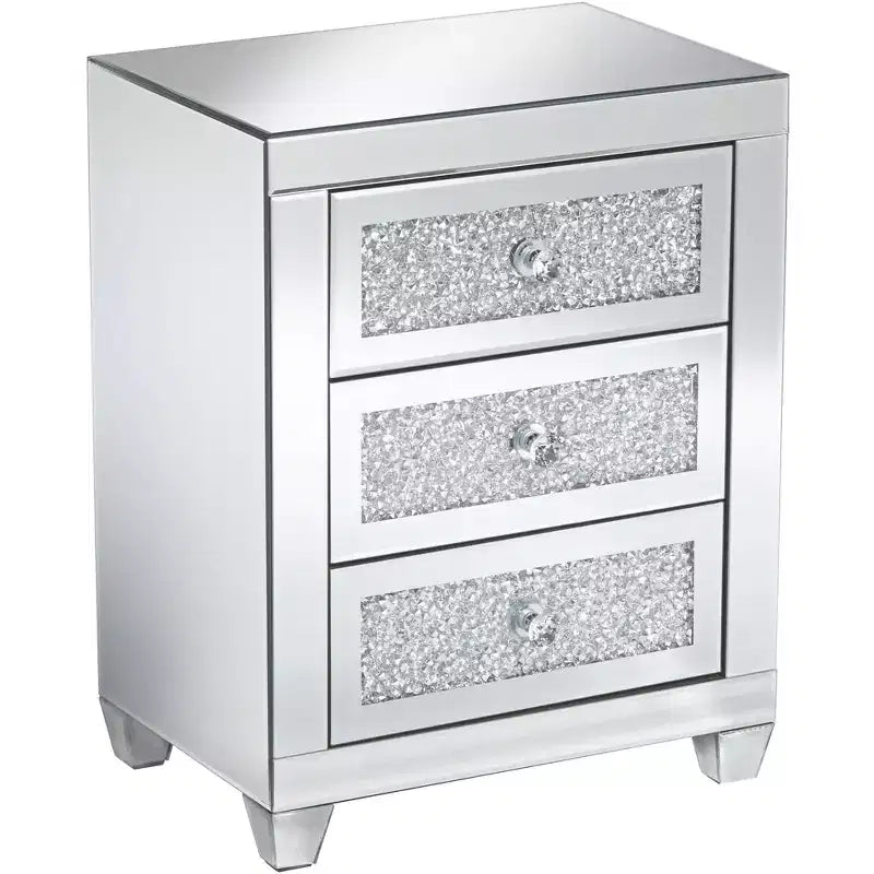 Studio 55D Gia Modern Mirrored Rectangular Accent Side End Table 20 x 14 with 3-Drawer Silver Glass Crystal for Living Room Bedroom Bedside Entryway