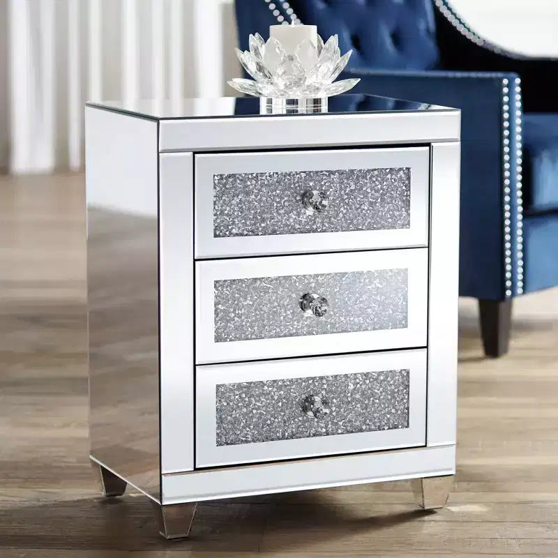 Studio 55D Gia Moderno Tavolino Rettangolare a Specchio Accent Tavolino 50 x 35 cm con 3 Cassetti in Vetro Argento Cristallo per Soggiorno Camera da Letto Comodino Ingresso