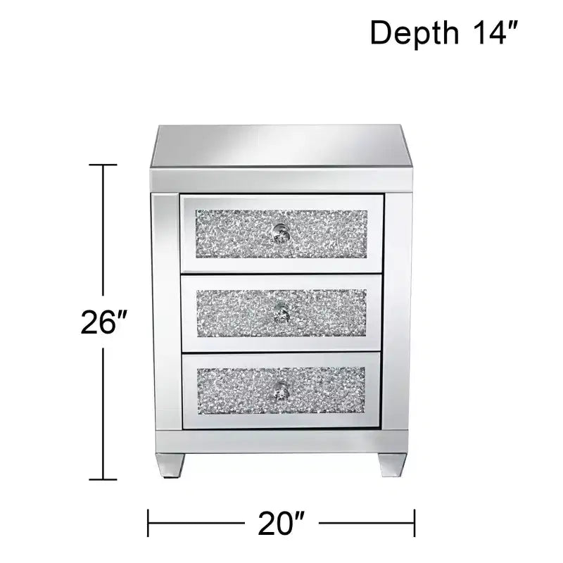 Studio 55D Gia Moderno Tavolino Rettangolare a Specchio Accent Tavolino 50 x 35 cm con 3 Cassetti in Vetro Argento Cristallo per Soggiorno Camera da Letto Comodino Ingresso